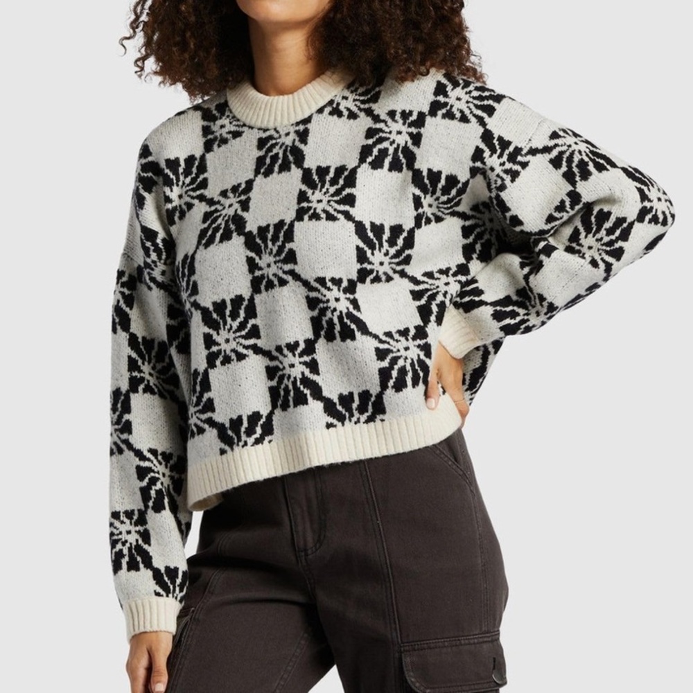 Cream and Black Floral Cropped Sweater